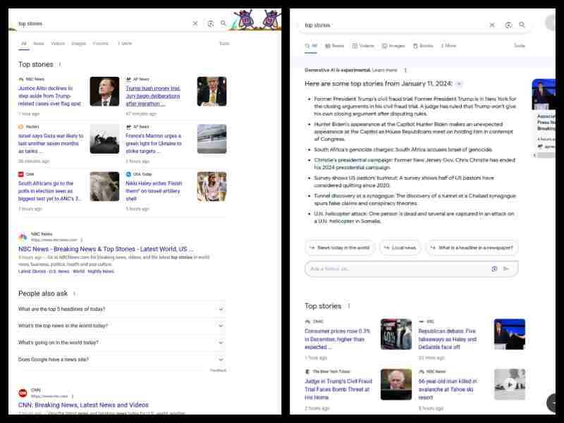 How a Google "top stories" search result looks with and without AI overviews.