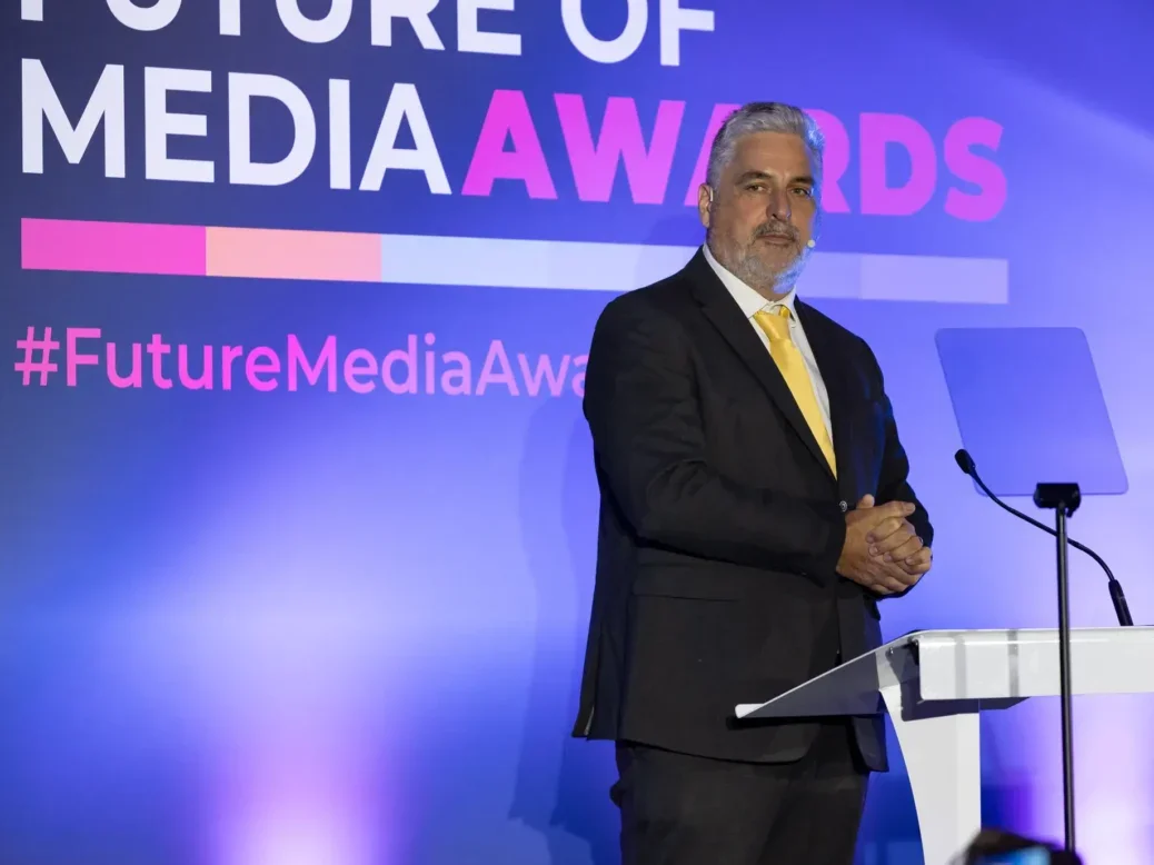 Press Gazette editor-in-chief Dominic Ponsford on stage introducing the Future of Media Awards 2024. Picture: ASV Photography