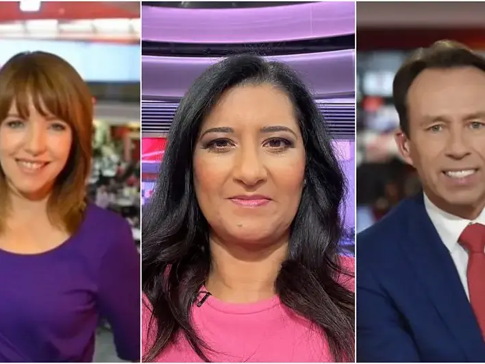 BBC News chief presenters Annita McVeigh, Geeta Guru-Murthy and Ben Brown. Picture: BBC