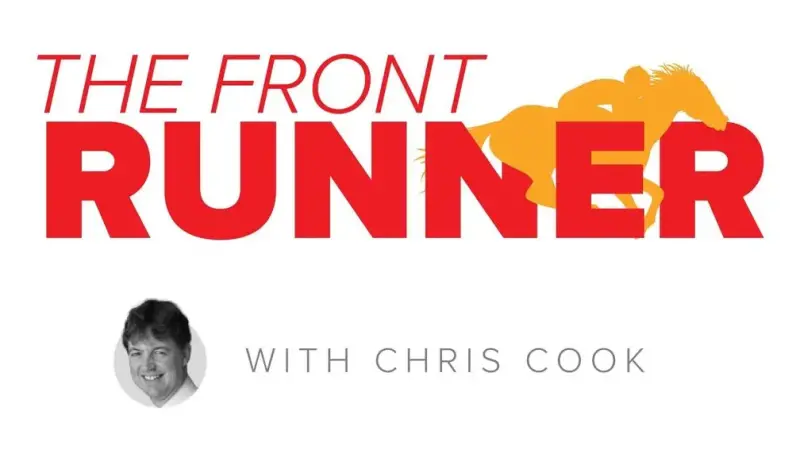 Logo for The Racing Post's newsletter The Front Runner. With picture byline 'with Chris Cook'.