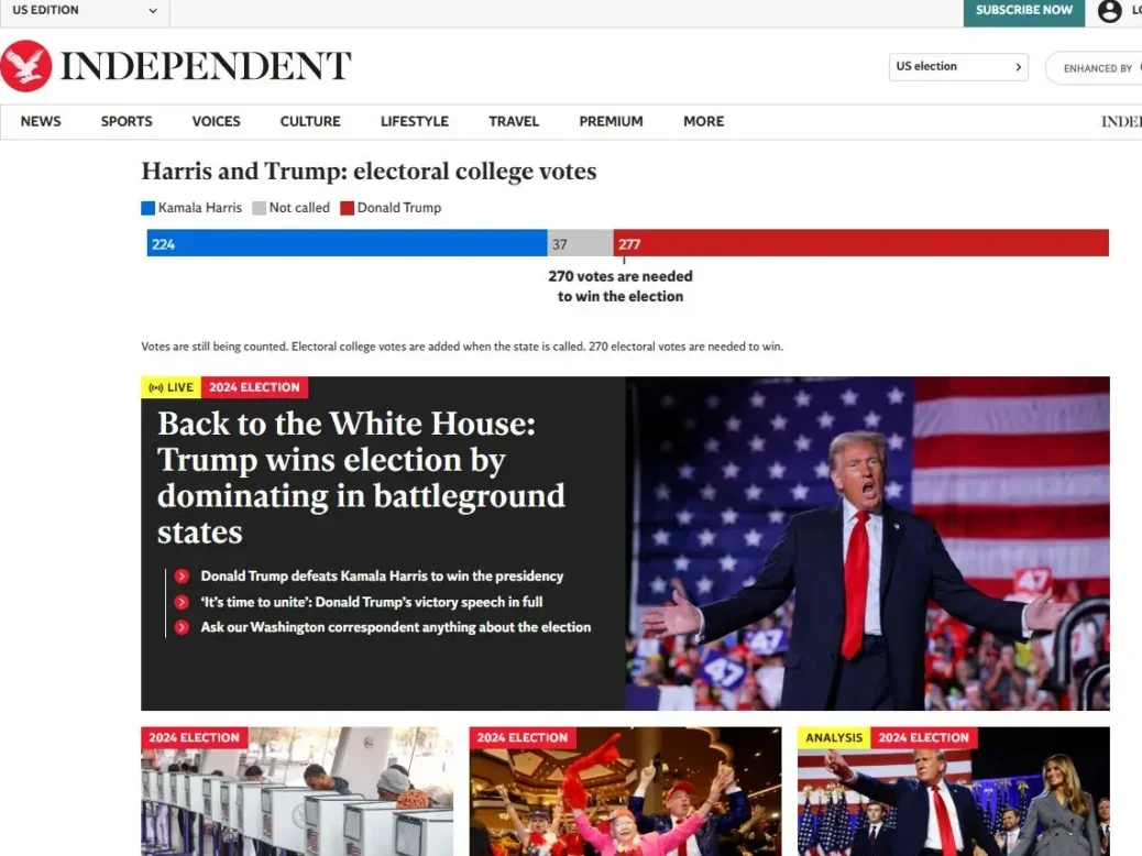 The Independent's US homepage in the hours after victory was declared for Donald Trump in the 2024 presidential election