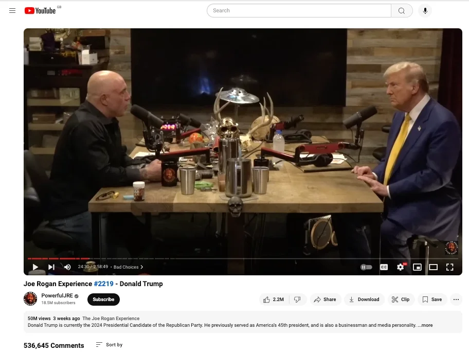 Youtuber and podcaster Joe Rogan interviews Donald Trump in October 2024 on his show The Joe Rogan Experience ahead of the US presidential election. The picture illustrates a story revealing Pew-Knight Initiative research showing one in five Americans now regularly get news from influencers on social media.