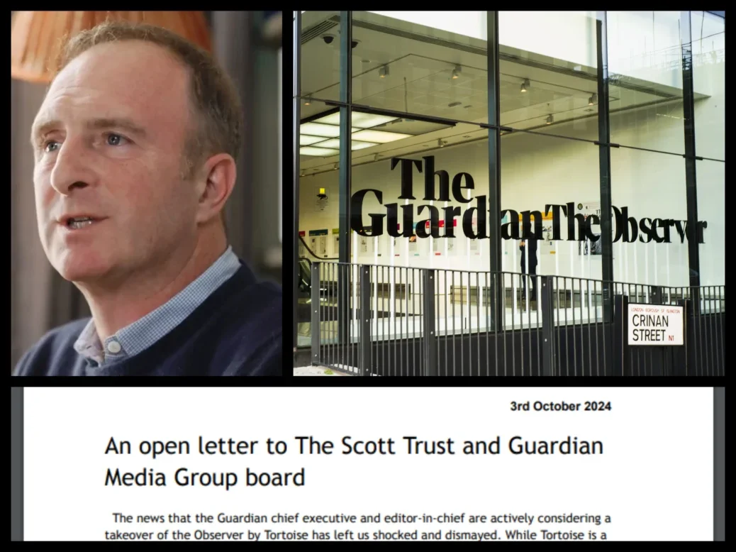 A composite image showing Tortoise founder and editor James Harding at top left, the lobby for The Guardian and Observer offices in the top right and a brief opening excerpt at bottom from a new open letter from a group of cultural figures blasting Tortoise's bid to buy The Observer.