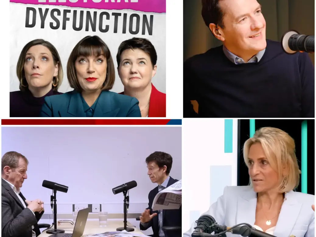 A composite image showing a range of UK political podcasts, illustrating a story about the growth of podcast downloads and listenership over the 2024 UK general election. Clockwise from top left: Promotional image for Sky News' Electoral Dysfunction, George Osborne hosting Persephonica's Political Currency, Emily Maitlis on Global's The News Agents and Rory Stewart and Alastair Campbell present The Rest is Politics.