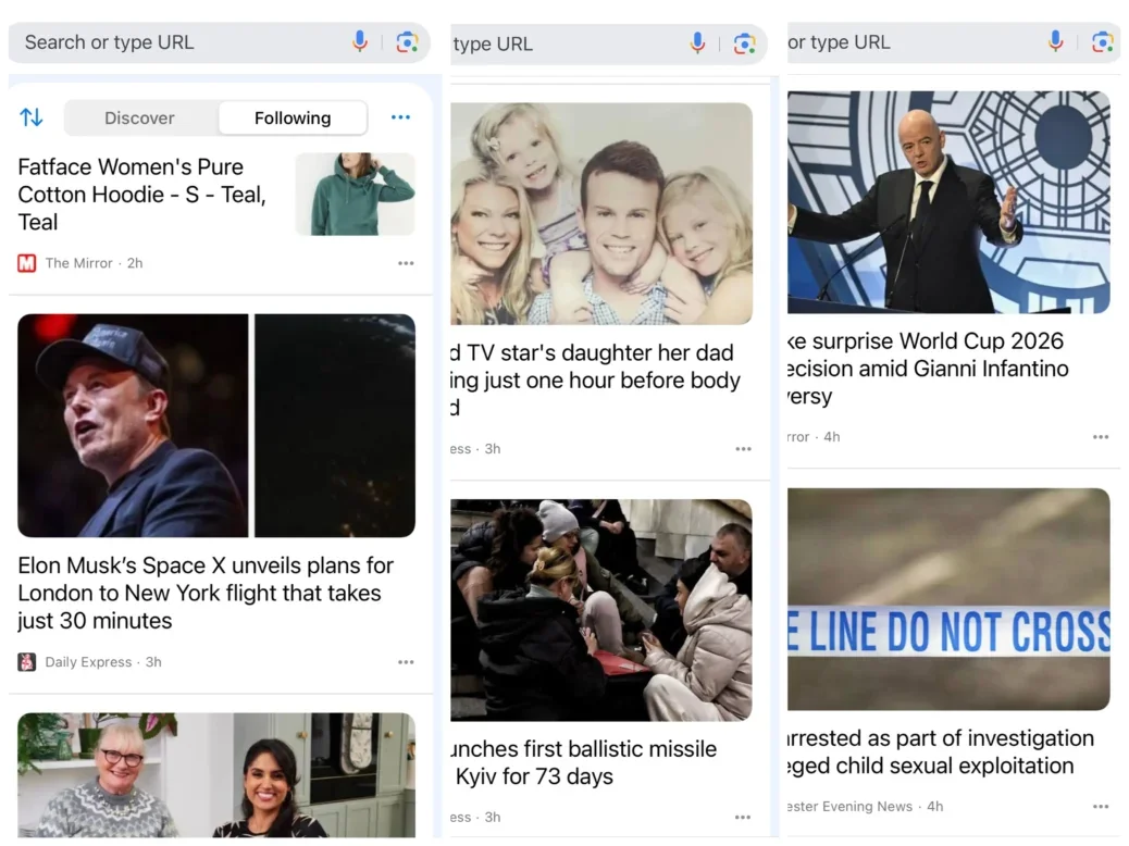 Three screenshots depicting Reach plc stories on Google Discover are laid over one another, covering stories including Elon Musk unveiling Space X plans, an arrest in Manchester, the launch of a ballistic missile in Ukraine and a celebrity-related tragedy.