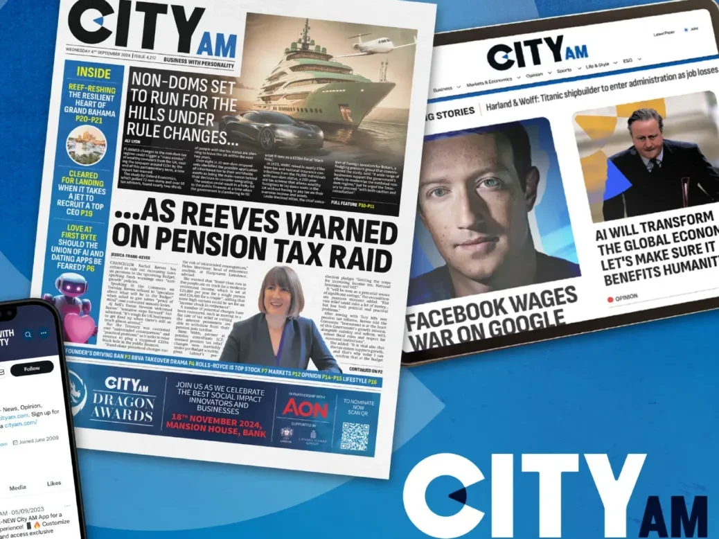 Promo image for City AM's refresh including a screenshot of its new logo on its X profile, its newspaper front page and its website as shown on a tablet