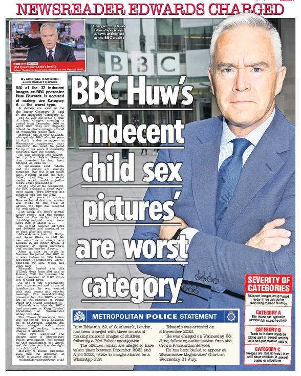 The Sun's front page reporting that Huw Edwards had been charged with possessing indecent images of children