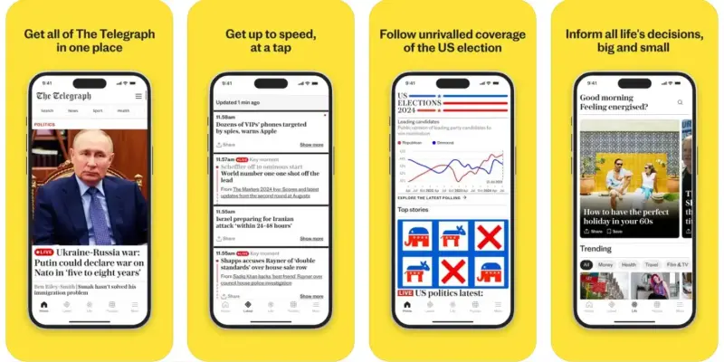 Telegraph app screenshots with promo wording: 'Get all of The Telegraph in one place', 'Get up to speed, at a tap', 'Follow unrivalled coverage of the US election', and 'Inform all life's decisions, big and small'. Screenshots include main home screen featuring large image of Putin with top story, and US elections page with polling charts