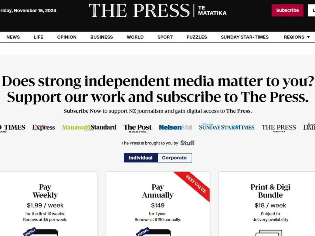 The subscribe page on Stuff Ltd's The Press to illustrate business story about the New Zealand media organisation